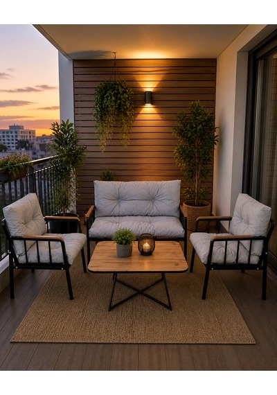 Liva Bahçe Balkon Oturma Grubu - 2+1+1 Takım + Sehpa - Siyah Metal İskelet Konforlu Kırpık Dolgu Açık Gri Liva Bahçe Balkon Oturma Grubu - 2+1+1 Takım + Sehpa - Siyah Metal İskelet Konforlu Kırpık Dolgu Açık Gri