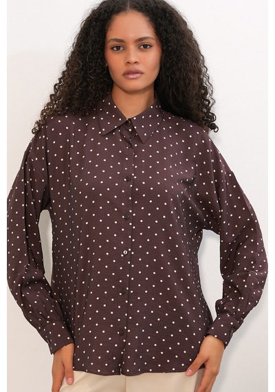 Bigdart Kadın Oversize Puantiyeli Gömlek 20392 - Kahverengi