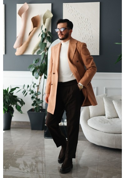 Avni Ceylan Premium Orange Slim Fit Erkek Kaşe Kaban Turuncu