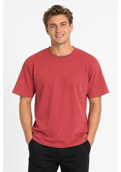 Vasto Moda Erkek Oversize Kalın Dokulu %100 Organik Pamuk Bisiklet Ribana Yakalı Kiremit T-shirt