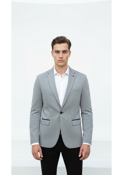 Plus Scorpion Gri Erkek İtalyan Kesim Blazer Ceket Lacivert Detaylı, Kol Yamali, Slim Fit Şık Tasarım Lacivert