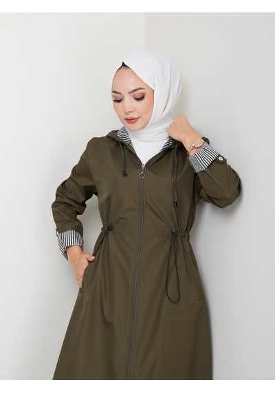 Hb Harma Time Butik Kadın Kapüşonlu Çizgi Detaylı Haki Bondit Kap