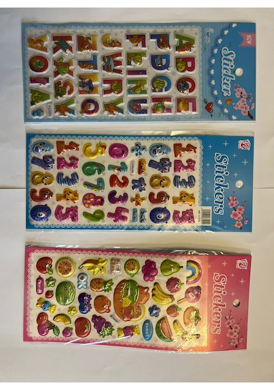 Eğitici Çocuk Sticker Etiket Oyunu 3 Kartela Birden Alfabe Rakam ve Meyveler