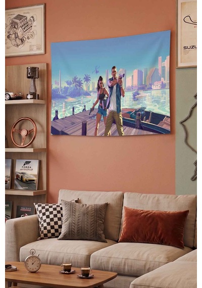 Gta 6 Miami Sahil Silahlı Karakterler Dekoratif Duvar Örtüsü Duvar Halısı Beyaz