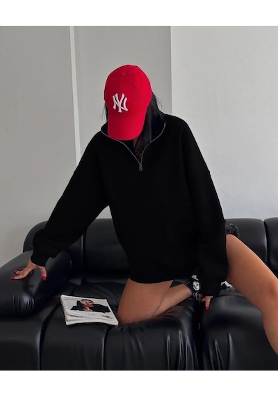 Kadın 3 İplik Pamuklu Oversize Yarım Fermuarlı Yakalı Basic Sweatshirt - Siyah