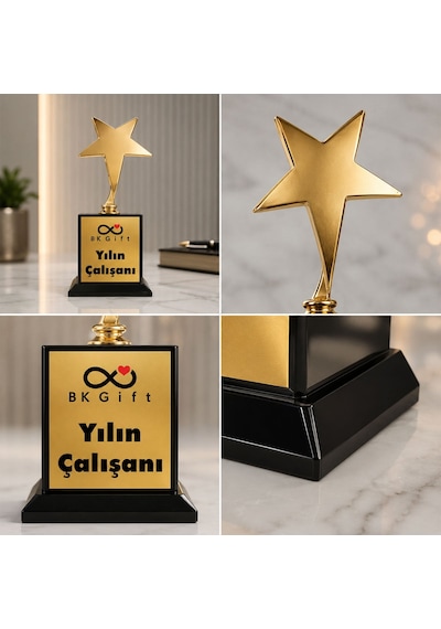 Logonuza Özel 5 Adet Mesajlı Gold Renk Yıldız Oskar Kurumsal Ödül Kupası 18 X 8 Cm