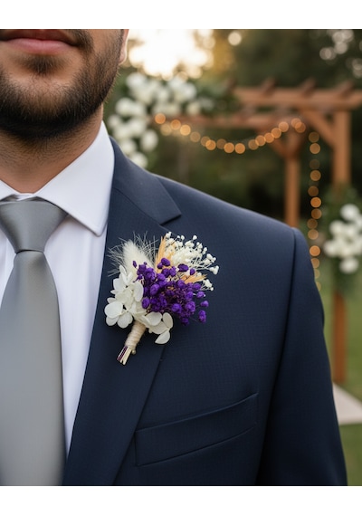 Beyaz Ortancalı Kuru Çiçek Damat Yaka Çiçeği, Nikah, Nişan Ve Düğün Aksesuarı Mor