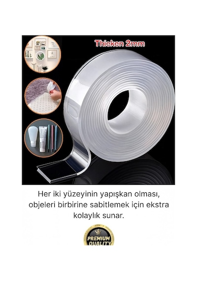 Şeffaf Çift Taraflı Nano Bant 2 Metre 18mm İz Bırakmaz, Süper Güçlü Yapışkan, Çok Amaçlı Montaj Band