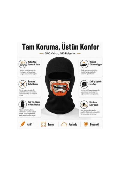 Womanandkids Wak Unisex Sakallı Puro Baskılı Balaklava 1 Adet Tek Beden Viskoz Kask İçi Outdoor Maske Siyah
