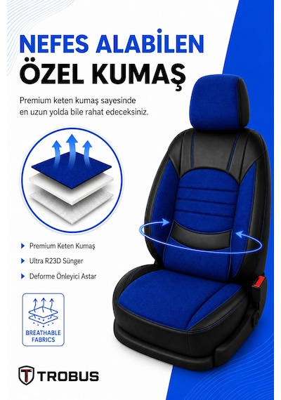 Nissan Note 2006-2012 Uyumlu Levante Serisi Mavi Siyah Oto Koltuk Kılıfı