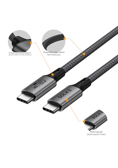 Solke Usb4 Type-c To Type-c Kablo, 1.8 Metre, 240w Pd, 40gbps, 8k 60hz, E-marker Çipli, Thunderbolt 3/4 Uyumlu
