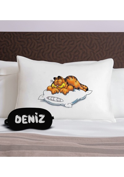 Bk Gift Kişiye Özel Eğlenceli Kedi Tasarrımlı Pamuklu Yastık Kılıfı Ve Göz Bandı Uyku Seti-4, Tasarım Ev Tekstili, Uyku Bandı, Ev Hediyesi
