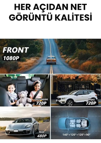 4 Kameralı Araç İçi Kamera Lcd Ekranlı 360 1080p Hd Gece Görüşü, G Sensor, Park, Döngü Kayıt Wdr, Uygulama Kontrol