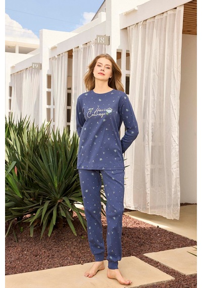 Aydoğan Kadın Lavin Ribana Manşetli Mavimsi Mor Koton Pijama Takım 0534 Mavi