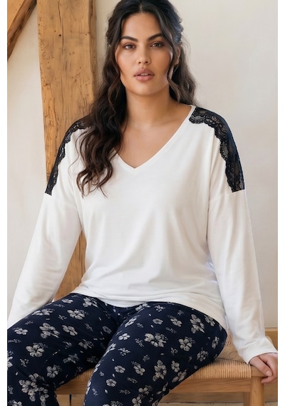 Siyah İnci Ekru Desenli Büyük Beden Battal Boy Viskon Örme Pijama Takım 26224809
