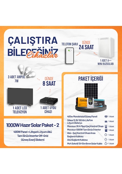 1000w Hazır Solar Paket - 2 400w Panel + Lifepo4 Lityum Akü + Tam Sinüs Inverter Off-grid Güneş Enerji Sistemi