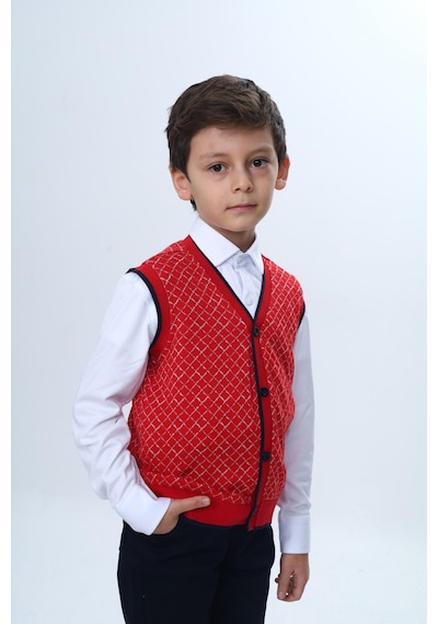 Toontoy Kids Toontoy Erkek Çocuk V Yaka Düğmeli Triko Yelek - Diagonal Desenli Kırmızı
