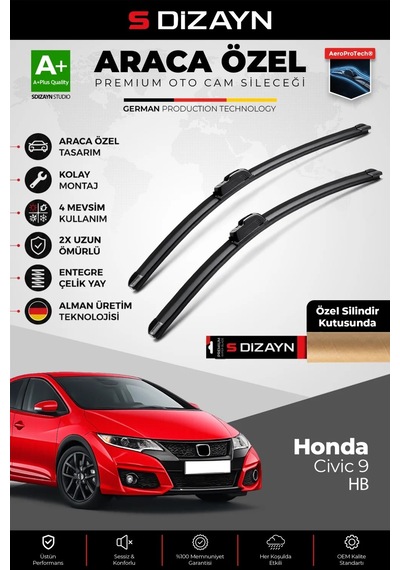 S-dizayn Honda Civic 9 Hatchback Ön Cam Silecek Seti 2012-2015 Premium Araca Özel 65-45 Cm A+ Kalit