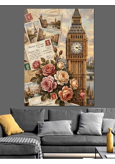 Londra Big Ben Ve Eski Mektuplar Dekoratif Kanvas - Mdf Ahşap Tablo