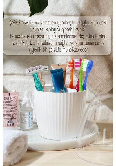 Beyaz 7 Bölmeli Şeffaf Makyaj Organizeri, Fanus Kapaklı, Şık Ve İşlevsel Tasarım Plastik Şeffaf Tr Diğer