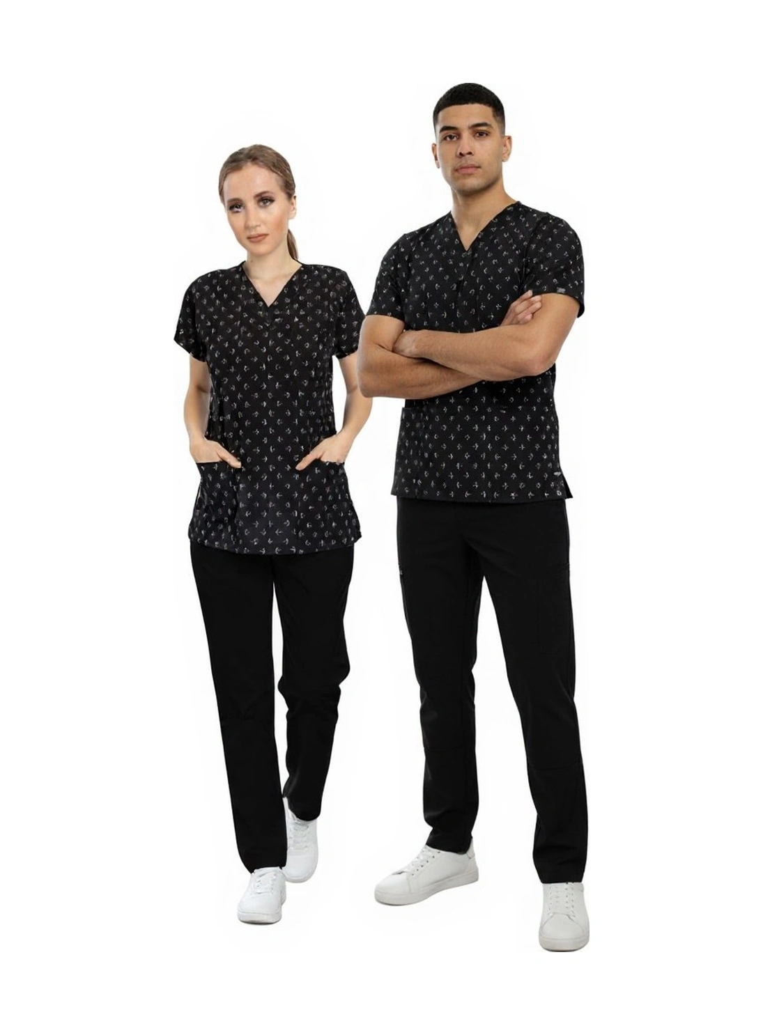 Unisex Siyah Çapa Desenli Doktor Hemşire Hastane Aşçı Scrubs Üniforma Takımı Siyah