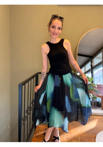 Ali Butik Mavi Batik Desen Asimetrik Şifon Etek