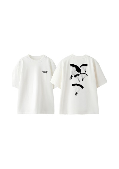 Thewert Yamaç Paraşütçüler Çizim Tasarım Sırt Baskılı Pamuk Beyaz Oversize T-shirt