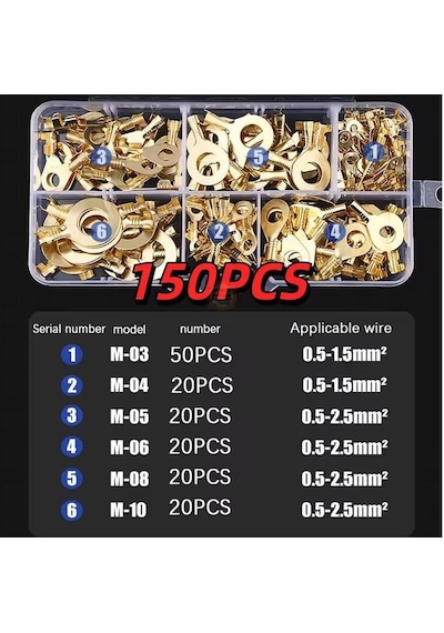 Halka Tip Kablo Papuç Terminali Seti Kutulu 150 Parça M3/m4/m5/m6/m8/m10