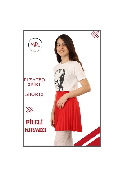 Kız Çocuk Pileli Etek Kırmızı Yüksek Bel İçi Şortlu Likra Kumaş Okul-oyun-spor-etkinlik Eteği 4107 Kırmızı