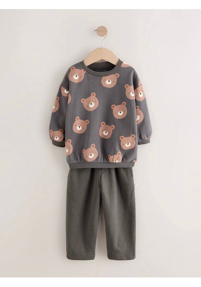 Mila Mood Unisex Çocuk Antrasit Ayıcık Baskılı 2'li Eşofman Takımı Sweatshirt Pantolon