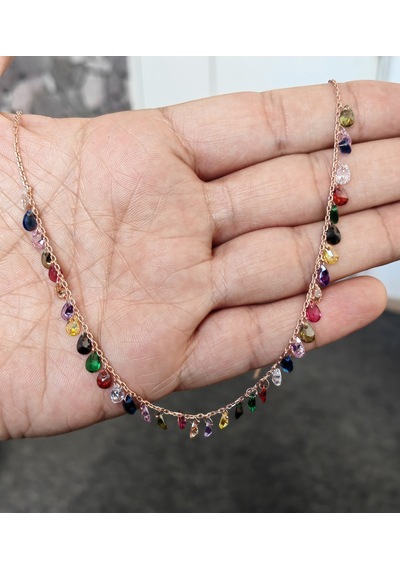 Sallantılı Renkli Damla Taşlı Gümüş Kolye Rose Gold