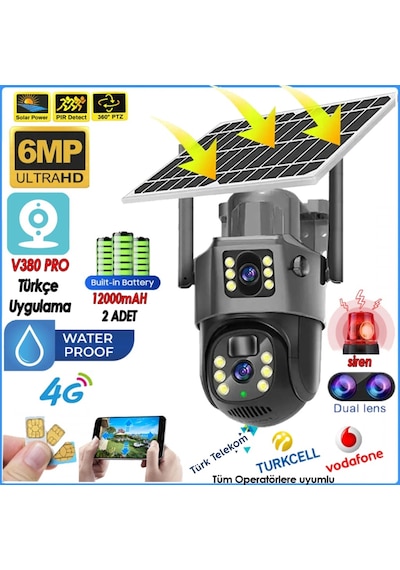 Mpıa 3+3mp 4k 4g Sim Kartlı Güneş Panel Dual Lens Solar 12000mah Alarmlı Mikrofon 360 Ptz Türkçe Uygulama Güvenlik Kamera