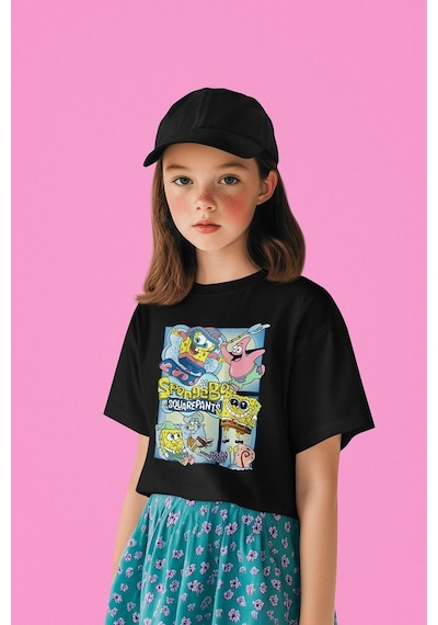Sevbano Süngerbob Ve Patrick Baskılı Unisex Çizgi Film Çocuk Tişört 1-12 Siyah
