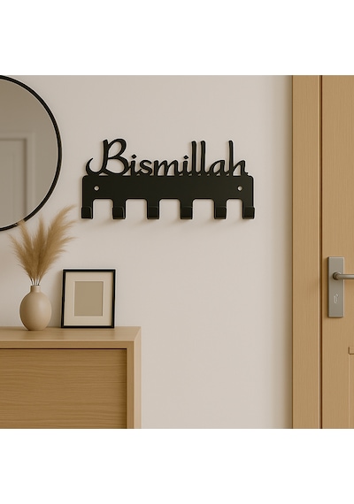 Lunoart Bismillah Yazılı Metal Anahtarlık Askılığı Siyah 6 Askılı Modern Duvar Dekoru Siyah