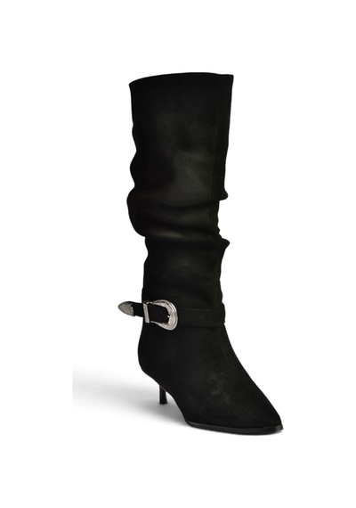 Fox Shoes Z726105702 Siyah Süet İnce Topuklu Büzgülü Kadın Çizme