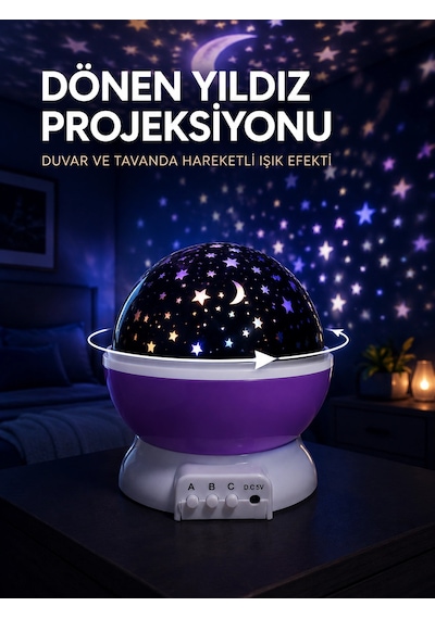 Yıldız Projeksiyon Lambası Döner Başlıklı Renkli Çocuk Odası Gece Işığı Çok Renkli