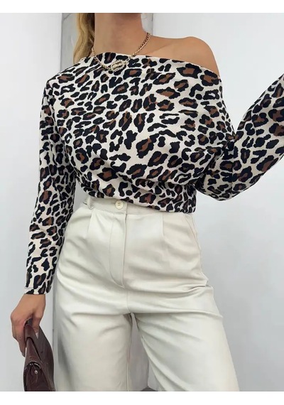 Cemo Leopar Desenlı Uzun Kollu Asimetrik Yaka Bluz LEOPAR