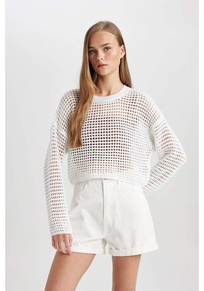 Defacto Regular Fit Bisiklet Yaka Kroşe Ajurlu Delikli Crop Triko Kazak T4513AZ24AUER103 Ekru