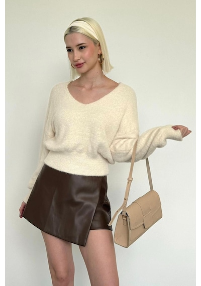 Madmext Kahverengi Deri Mini Şort Etek Mg2550 Kahverengi