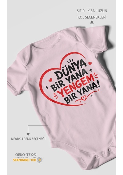 Morivokids Dünya Bir Yana Yengem Bir Yana Kısa Kollu Bebek Body %100 Pamuk Bebe Pembe