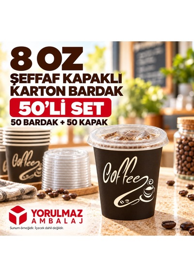 8 Oz Kapaklı Karton Bardak 50 Adet Soğuk İçecek Uyumlu Sızdırmaz Kağıt Bardak 40