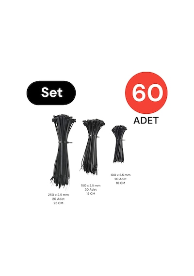 Plastik Kablo Bağı Cırt Kelepçe Set 100 Mm - 150 Mm - 250 Mm X 2.5 Mm Siyah 20 Şer Adet X 3 60 Adet Genel