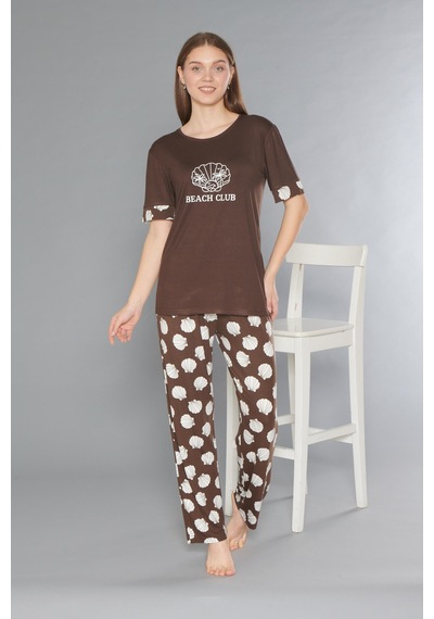 Flz Kısa Kol Yazlık Viskon Pijama Takımı Beach Club Flz 88-110 Kahve