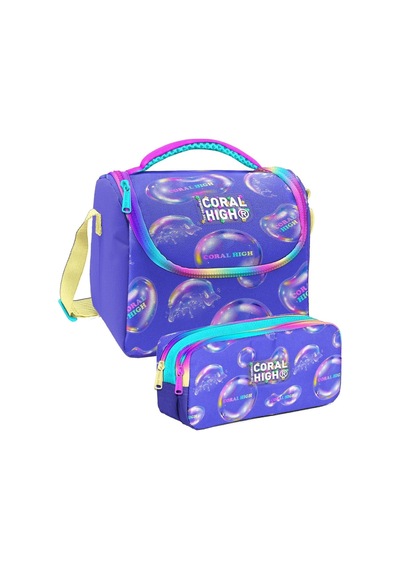 Coral High Lavanta Pembe Baloncuk Desenli Kız Çocuk Isı Yalıtımlı Beslenme Çantası Ve Kalemlik Seti