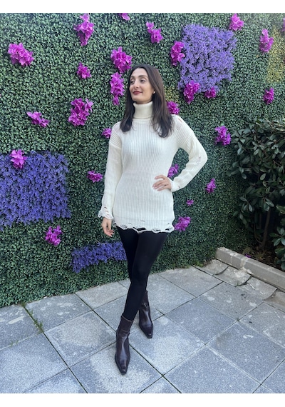 Boğazlı Yırtık Detaylı Triko Kazak- Beyaz Renk-490 Beyaz