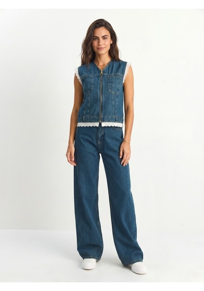 Onloox Kadın Lacivert Lacivert Denim Kumaş Yüksek Bel Wide Leg Pantolon Dantel Detaylı Fermuarlı Yelek İkili Takım