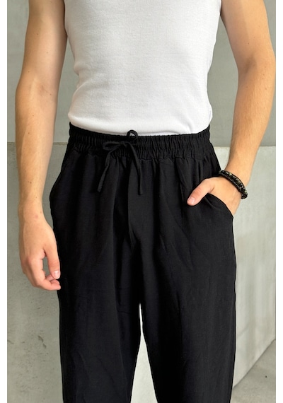 Erkek Beli Lastikli Baggy Kalıp Keten Pantolon Siyah