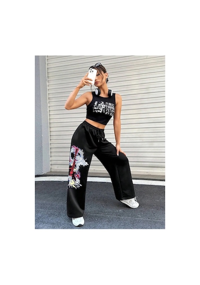 Tarzsokak Coolane Dragon & Guitar Print Drawstring Waist 4 Mevsim Eşofman Siyah