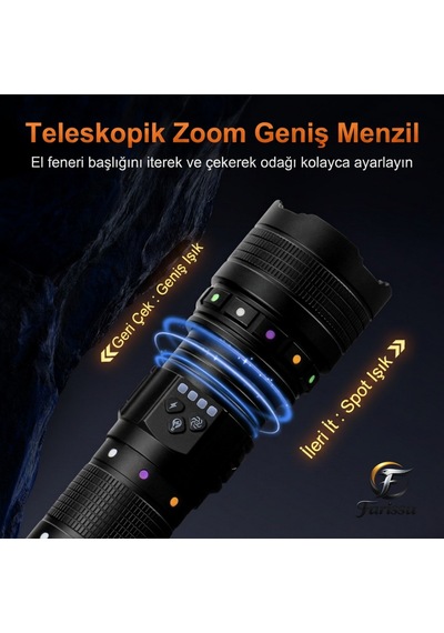 R301 Ultra Güçlü 200w Şarjlı El Feneri - 18650 Model Yedek Pilli Set, 3000m Menzil, Powerbank Özellikli Siyah