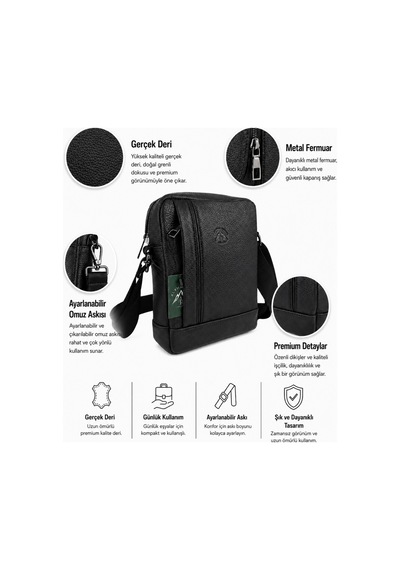 Alphaclub Bag Erkek Mat Siyah Hakiki Deri Postacı El Ve Omuz Çantası Orta Boy